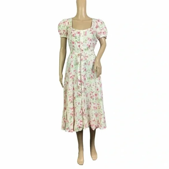 NWT POLO Ralph Lauren Linen Floral Sweet Pea Garden Party Midi Dress Size 12